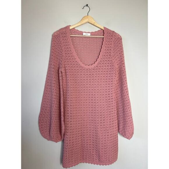 NEW Peony Pointelle Long Sleeve U Neckline Cotton Mini Dress Rose Size: Small - Picture 2 of 8